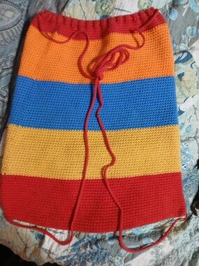 Handmade Striped Knit Drawstring Bag - Red, Orange, Blue, Yellow